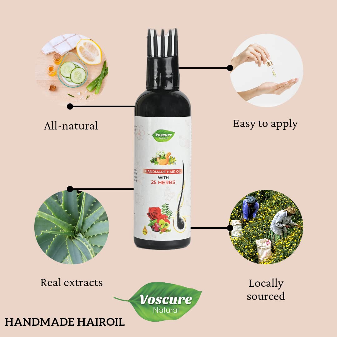 VOSCURE Natural Handmade Hair Oil with 25+ Herbs for Men & Women | Controls Dandruff & Hair Fall, Promotes Hair Growth & Thickness | Herbal Treatment for Dry, Damaged Hair | 100ml | Perfect for Daily Scalp Massage & Hair Care Routine
