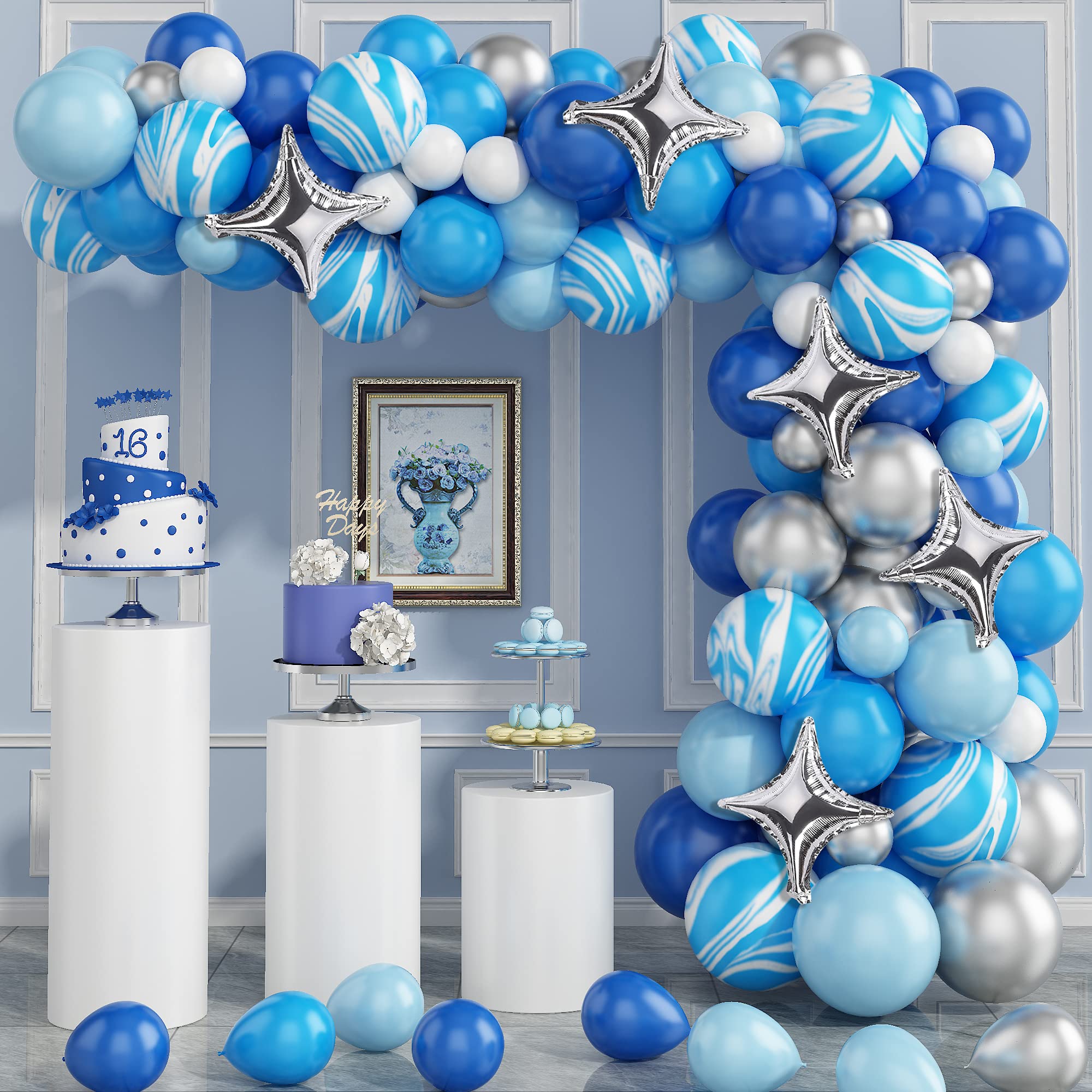 92PCS Blue Agate Balloon Garland Kit - Maya Blue, Royal Blue & Metallic Silver Balloons with Silver Foil Shapes | Perfect for Baby Showers, Birthday Parties, Weddings & Special Events | Create Stunning Party Decorations for Girls, Boys & All Celebrations