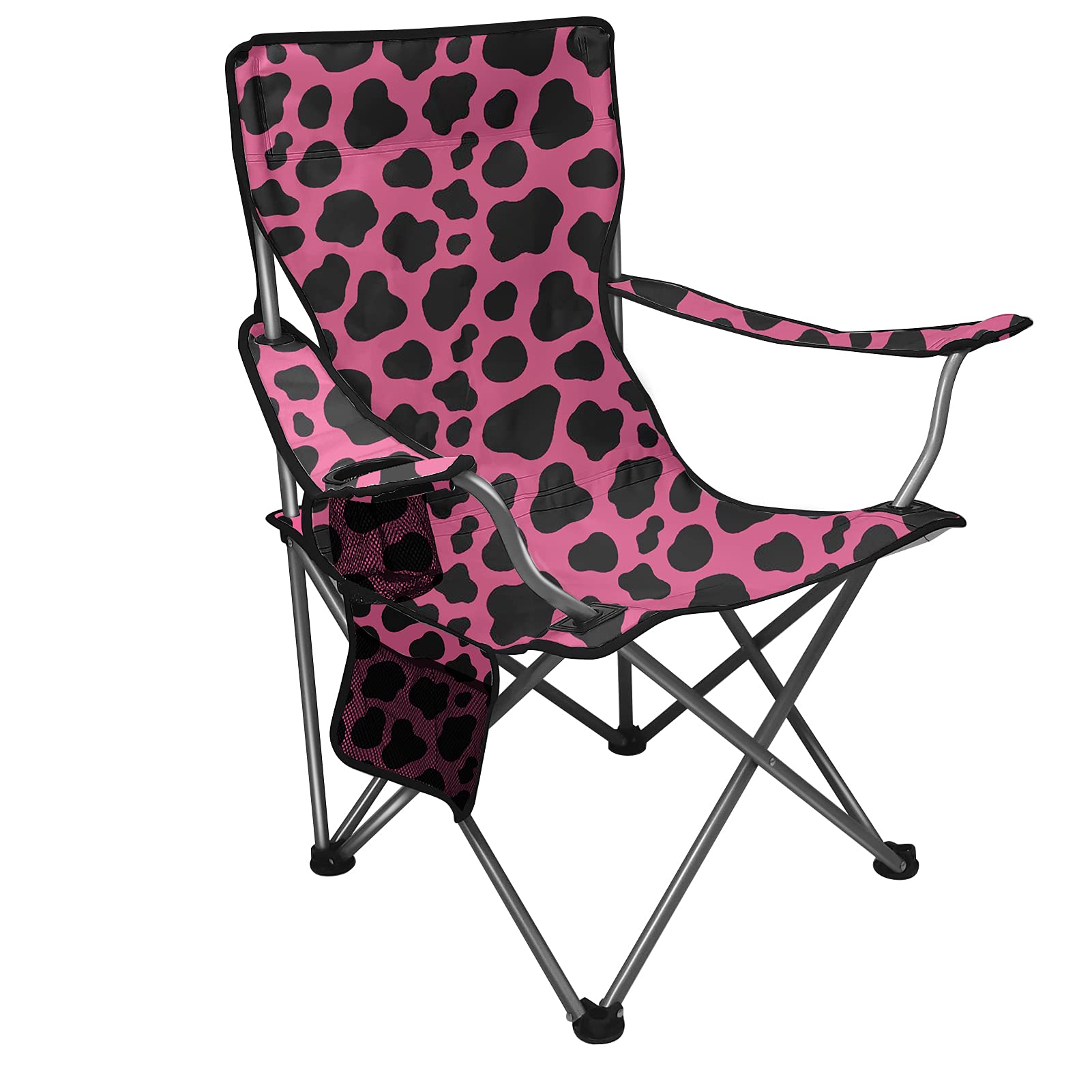 UNICEU Foldable Outdoor Camping Chair - Pink Cow Print Design with Cup Holder & Storage Bag - Portable Beach Picnic Chair for Backyard, Poolside & Travel