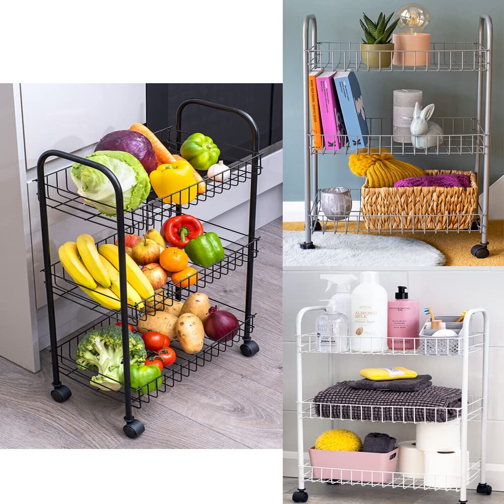 3-Tier Rolling Kitchen Storage Cart - Black Organizer Basket for Fruits, Vegetables, Books & Tools | Space-Saving Mobile Trolley for Pantry, Office, Dorm & Garage Organization