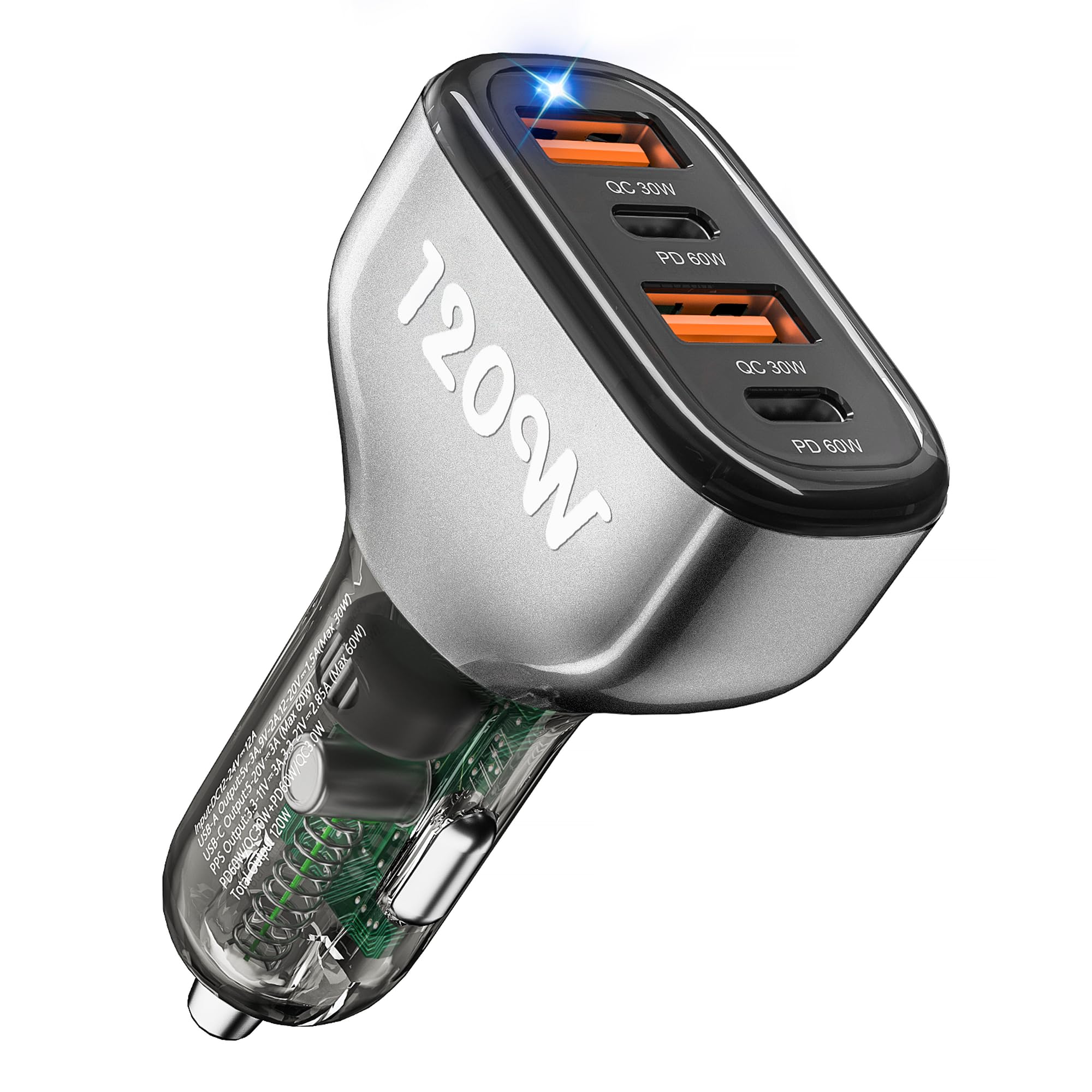 120W USB C Car Charger Fast Charging - SONRU 4 Port Cigarette Lighter Adapter with [2 PD 60W + 2 QC3.0 30W] for iPhone 16 Pro Max, Galaxy S23/S22, Google Pixel, LG, iPad Air - Perfect for Road Trips & Long Drives