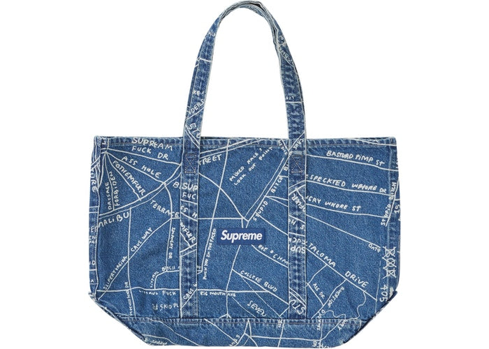 Gonz Map Denim Tote Bag - Washed Blue Vintage Style Canvas Shoulder Bag for Women - Perfect for Shopping, Beach & Daily Use