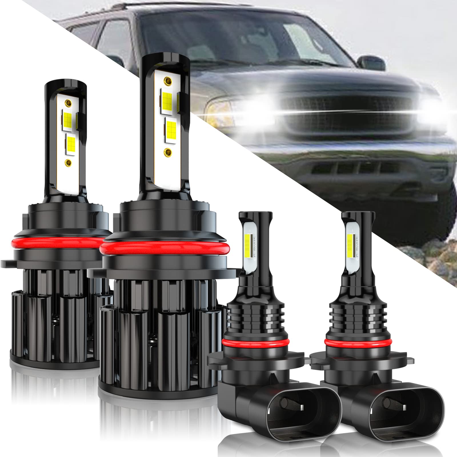 1999-2022 Ford Expedition LED Headlight Bulbs Kit - 9007 HB5 High/Low Beam & 9145 Fog Light Replacement - 60W 10000LM 6000K White Super Bright CSP LED Bulbs - Plug & Play (Pack of 4) - Perfect for Night Driving & Off-Road Adventures