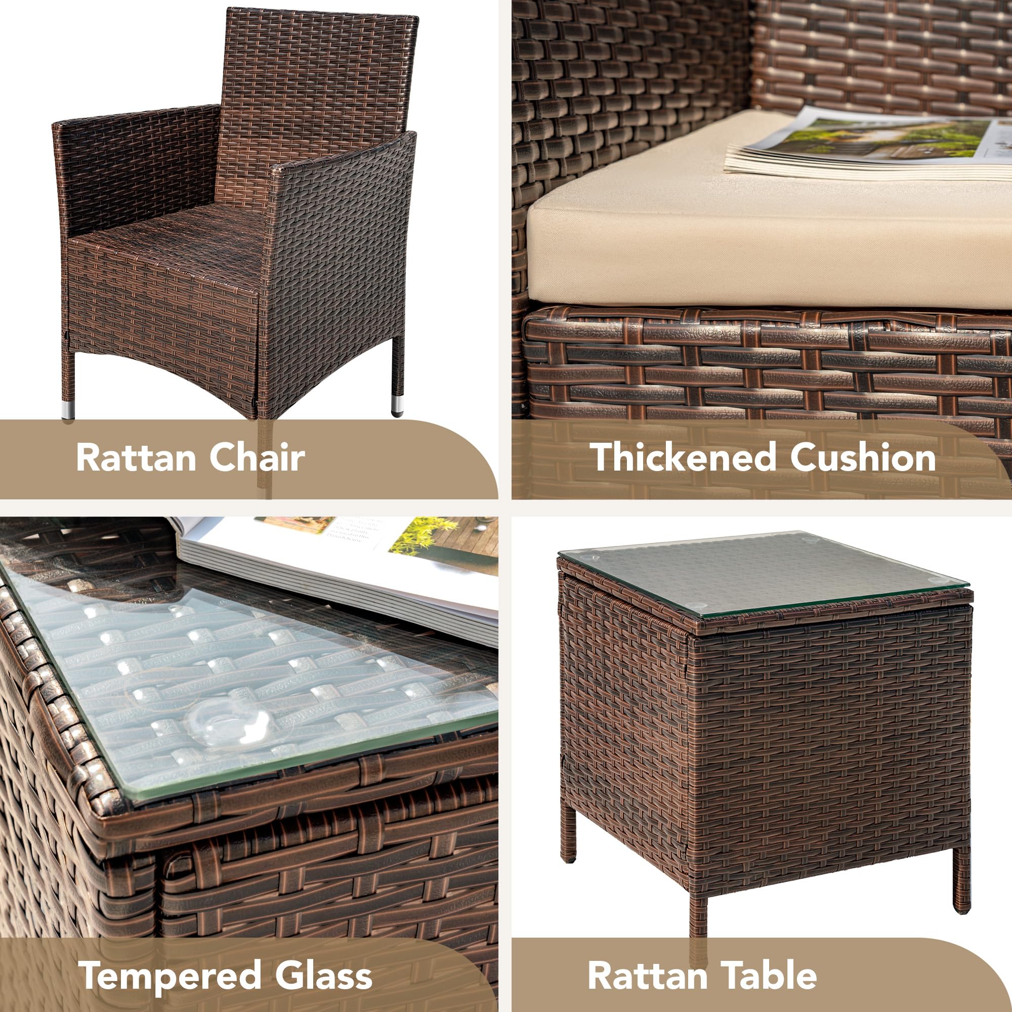 Devoko 3-Piece PE Rattan Wicker Patio Furniture Set with Table - Outdoor Garden Porch Chairs in Brown/Beige - Perfect for Backyard, Poolside & Terrace Relaxation