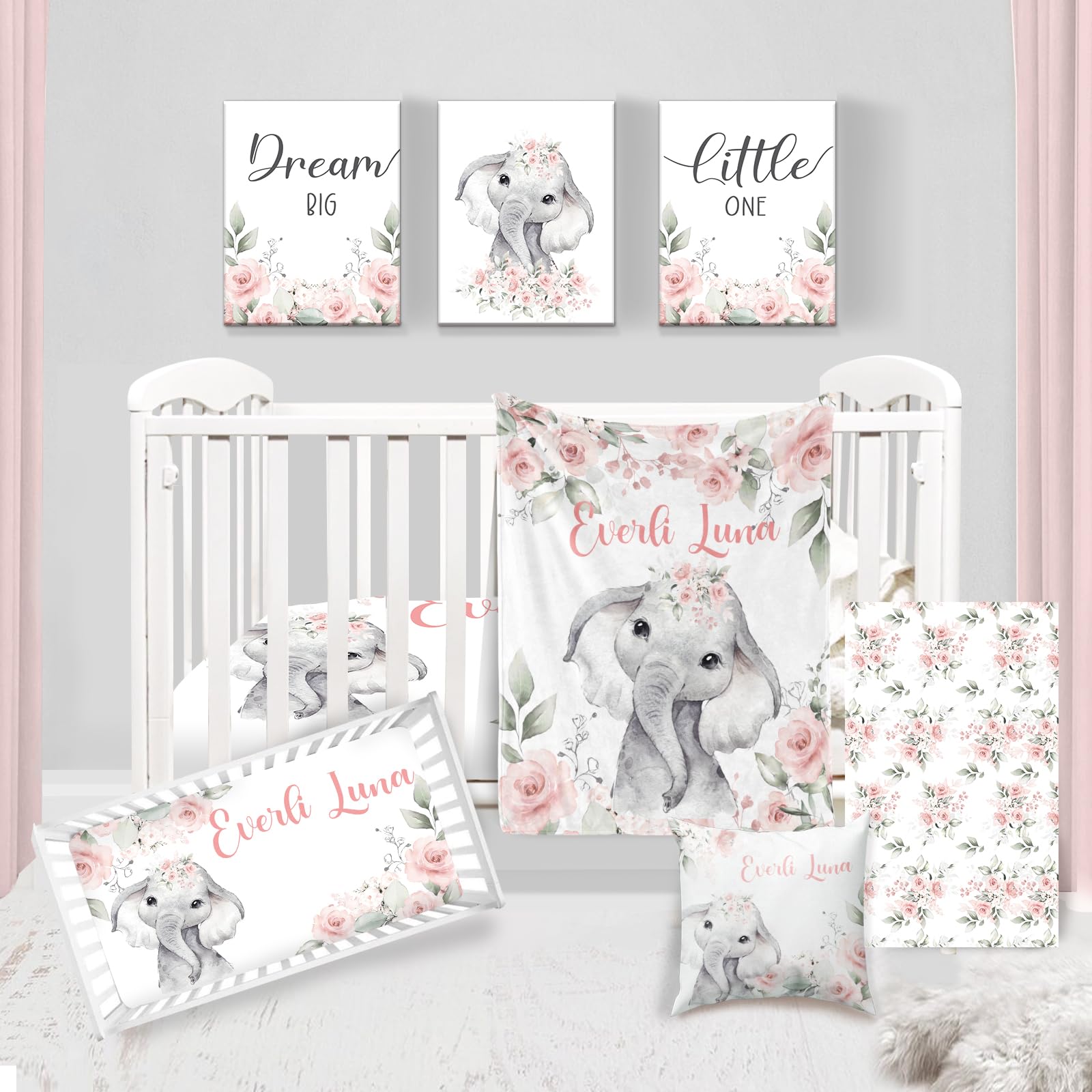 Custom Pink Baby Girl Crib Bedding Set - Personalized Nursery Blanket, Crib Sheet & Changing Pad Cover with Elephant & Rose Design | Perfect for Newborn Nursery Decor & Baby Shower Gifts