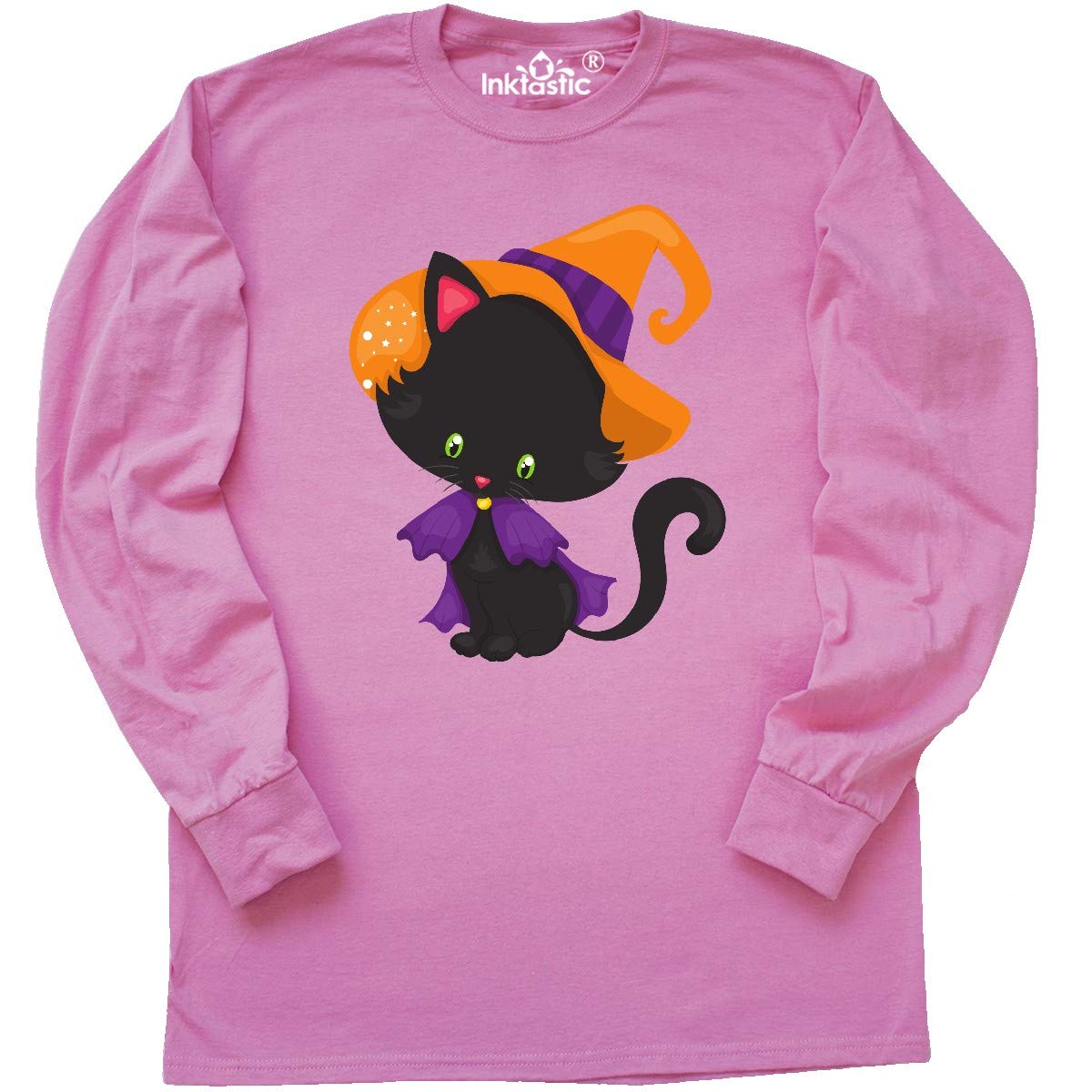 Inktastic Halloween Cat T-Shirt - Cute Black Cat with Witch Hat Long Sleeve Shirt for Women | Halloween Party, Costume Contest & Spooky Season Outfit