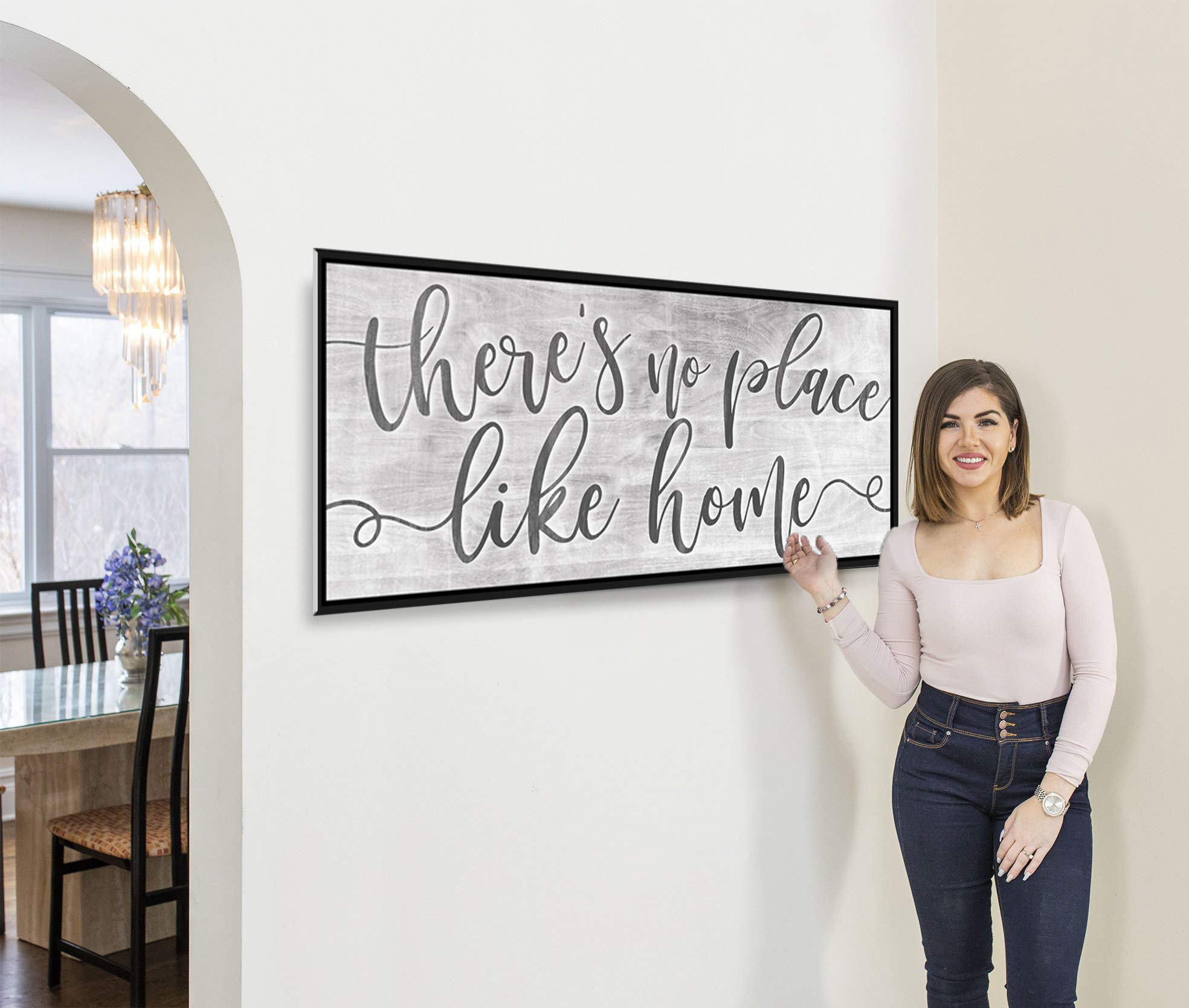 Artistic Home Wall Decor - 'There's No Place Like Home' Framed Print (42x19 Inch) | Rustic Living Room Decoration | Housewarming Gift Idea | Perfect for Farmhouse, Apartment & Office Decor | Light Grey with Black Floating Frame