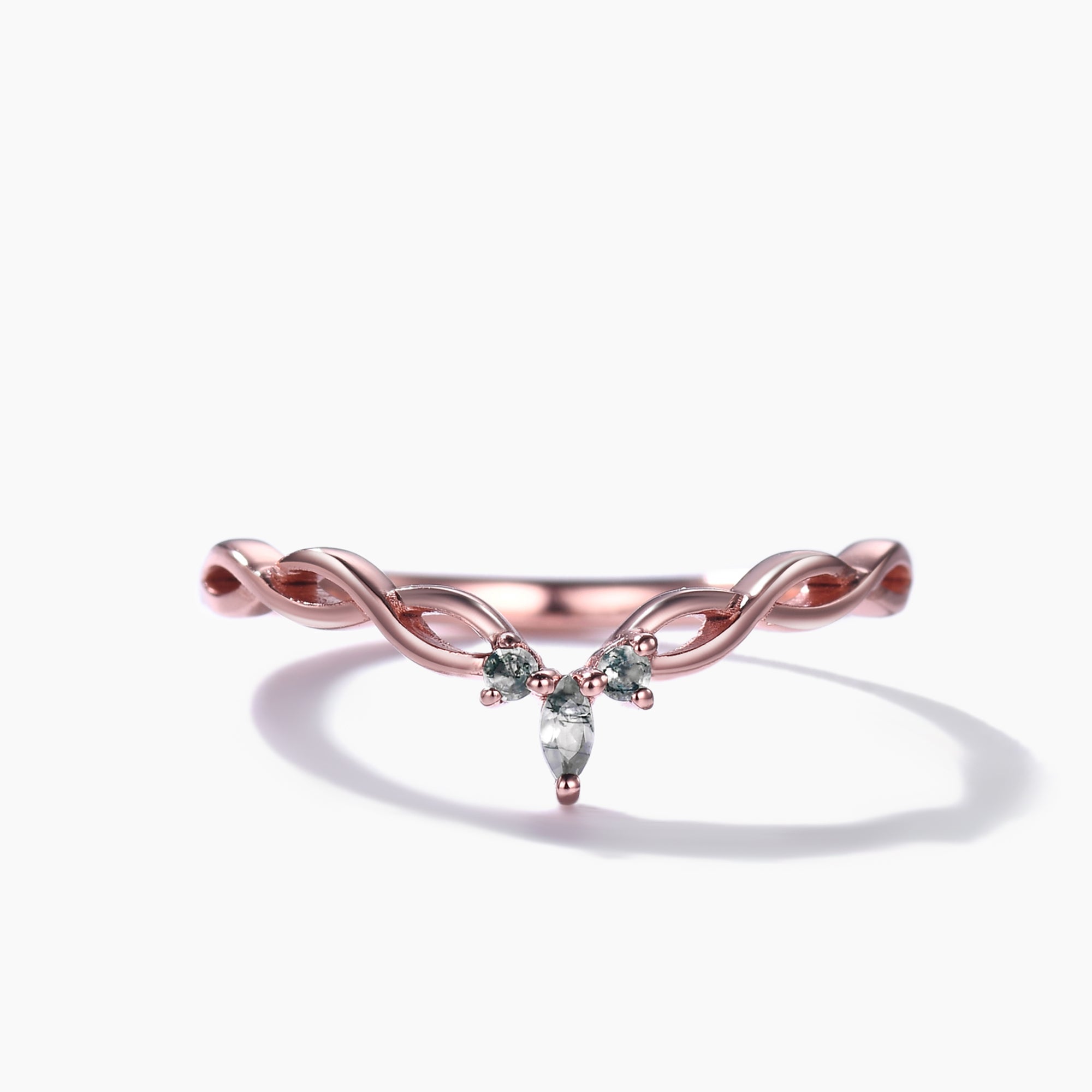 Green Moss Agate Wedding Band Ring - Rose Gold Infinity Curved Matching Set for Couples, Engagement, Anniversary & Special Occasions