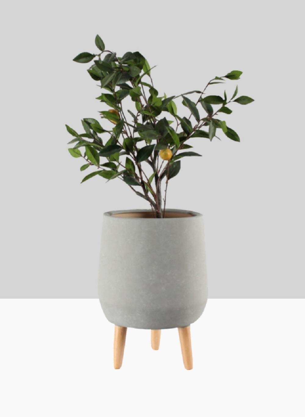 Serene Spaces Living Grey Ceramic Plant Pot Holder with Wooden Legs - 15.75