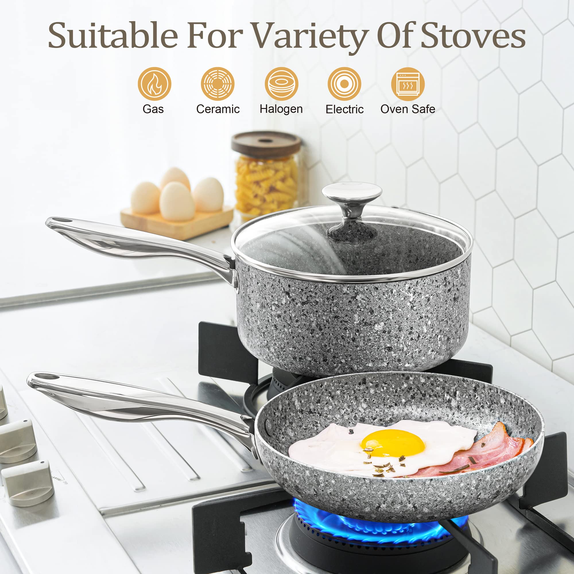 MICHELANGELO 10-Piece Nonstick Stone Cookware Set - Granite Coated Pots & Pans for Healthy Cooking | Perfect for Frying, Sautéing & Everyday Meals