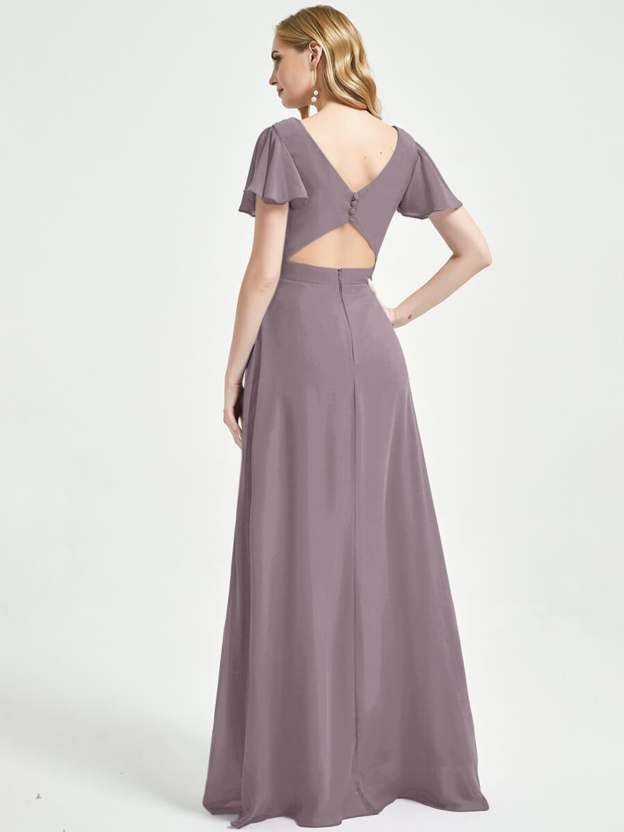 Elegant Dusk Ruffle Sleeve Backless V-Neck Maxi Chiffon Bridesmaid Dress for Weddings & Formal Events - Perfect for Bridal Party, Evening Gala, and Special Occasions