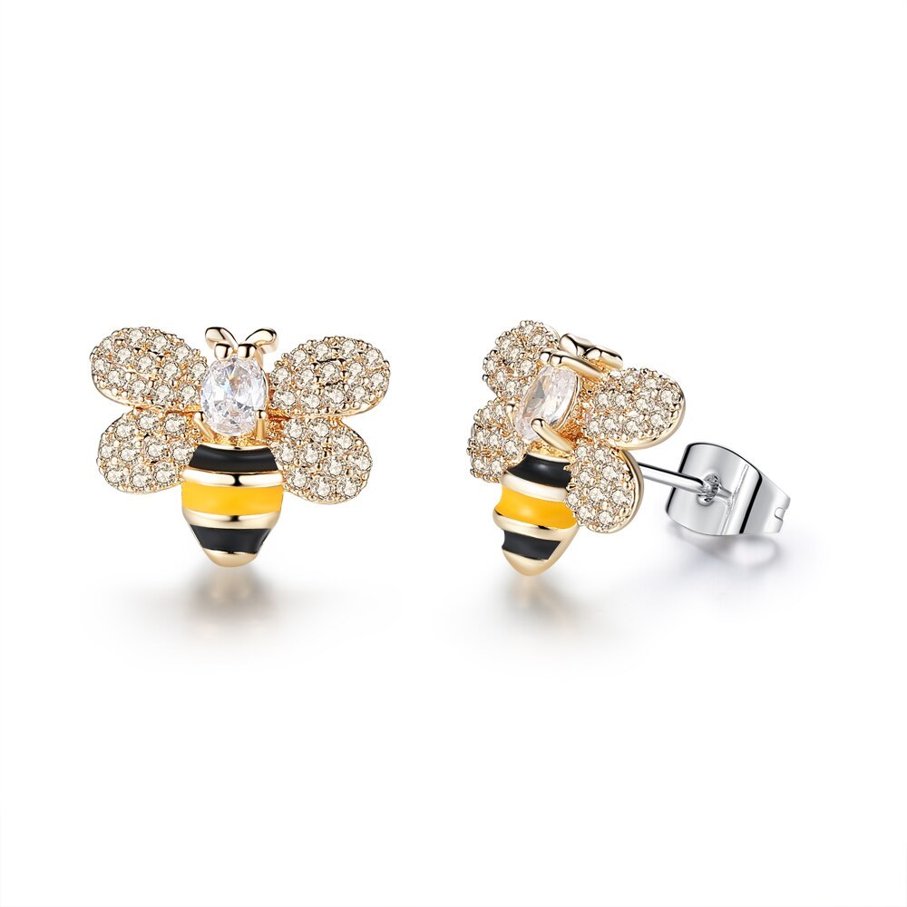 Sparkling Rhinestone Bee Stud Earrings - Floral Bee Jewelry for Women, Cute Dainty Earrings for Daily Wear, Party & Gift Giving