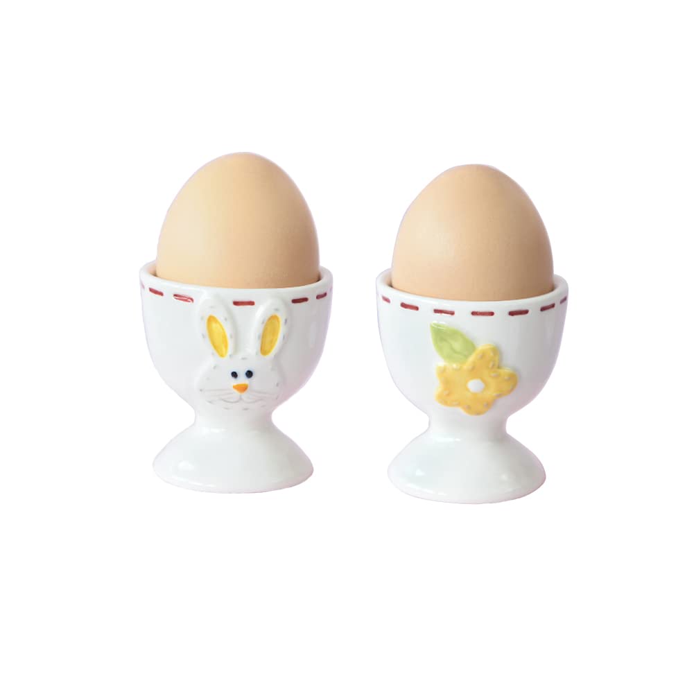 Ceramic Egg Cup Set of 2 - Perfect for Soft & Hard Boiled Eggs | Elegant Easter Bunny & Flower Design | Ideal for Breakfast, Brunch, Spring Home Decor & Party Tableware | Durable Kitchenware for Daily Use & Holiday Celebrations