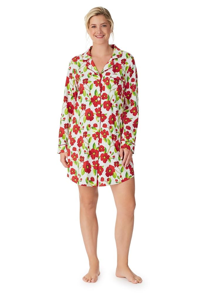 BedHead Pajamas Women's Long Sleeve Sleepshirt - Red Camellia Floral Print, Size Small | Soft Cotton Nightshirt for Cozy Sleep & Lounge Wear