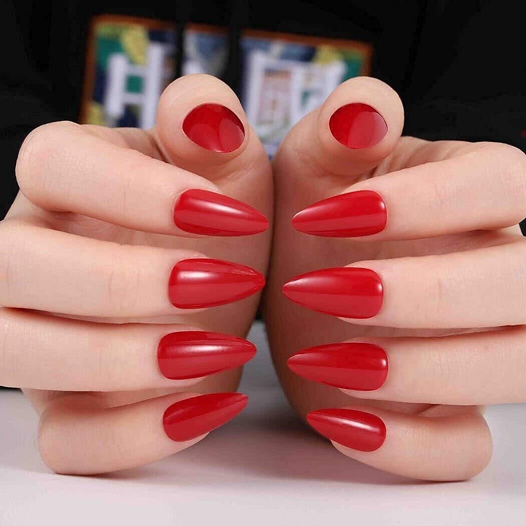 Mosako Stiletto Press-On Nails - Medium Length Glossy Red Fake Nails, 24Pcs Full Cover Stick-On Nail Tips for Women & Girls | Perfect for Parties, Weddings & Special Occasions