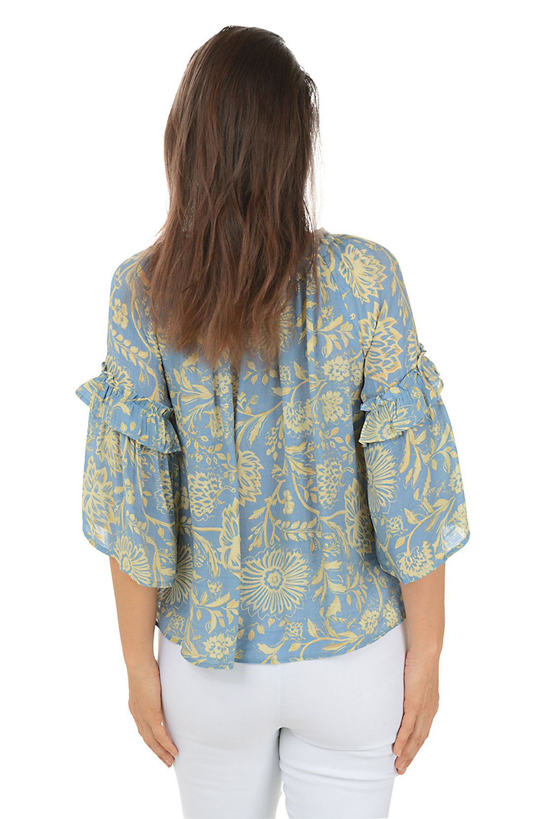 French Vanilla Damask Ruffled Bell Sleeve Blouse - Elegant Floral Print Women's Top for Office, Party & Date Night Outfits