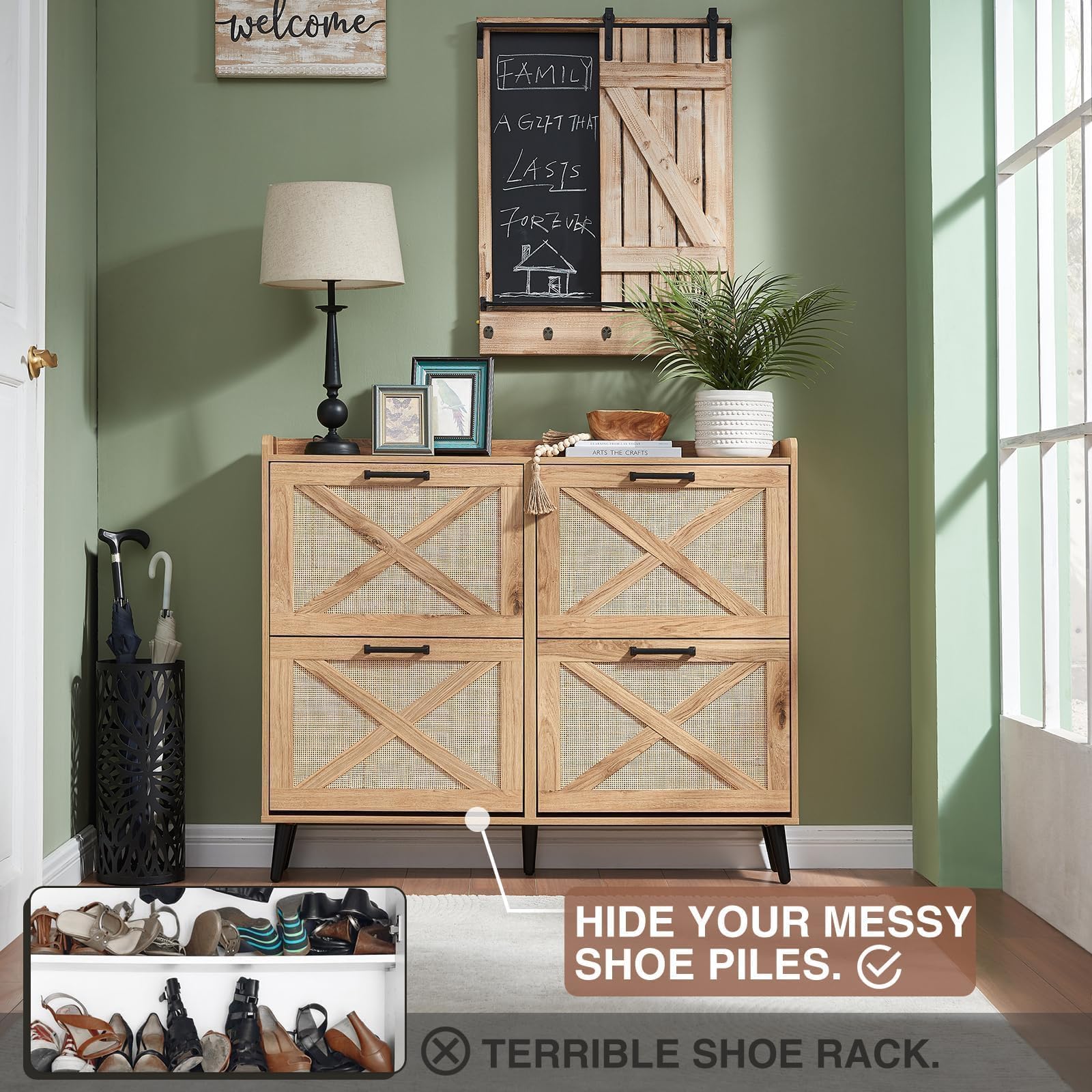Boho Shoe Storage Cabinet with 4 Flip Drawers & Rattan Design - Freestanding Farmhouse Narrow Shoe Organizer for Entryway, Hallway, Foyer - Perfect for Small Spaces & Home Decor (Natural) - Ideal for Organizing Shoes in Apartments, Dorms, and Closets