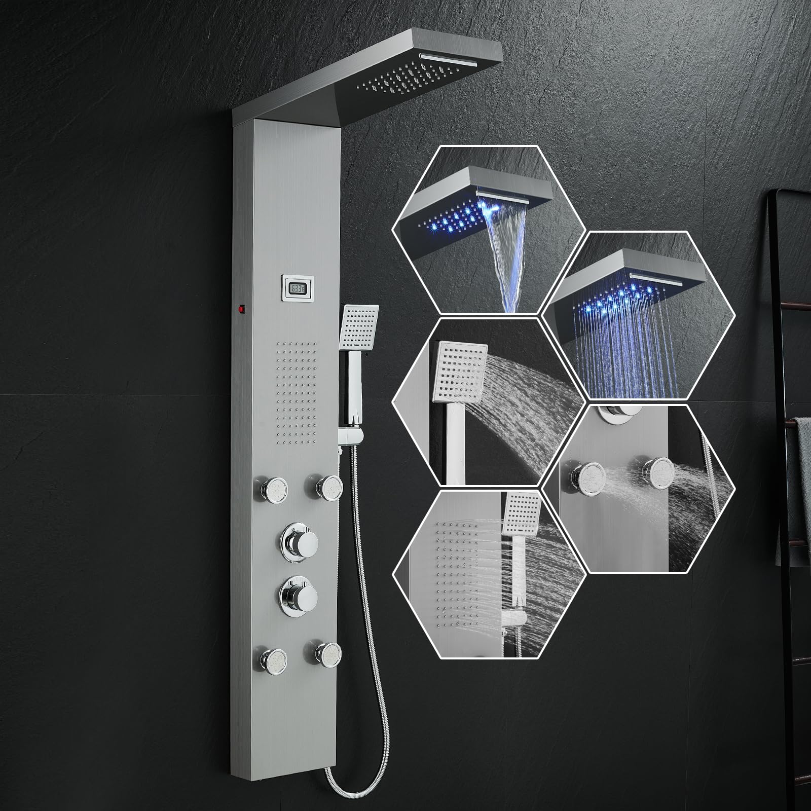 Stainless Steel Shower Panel Tower System with LED Lights - Rainfall & Waterfall Shower, 5 Body Jets, Handheld Sprayer & Temperature Display - Brushed Finish for Modern Bathroom Luxury Spa Experience