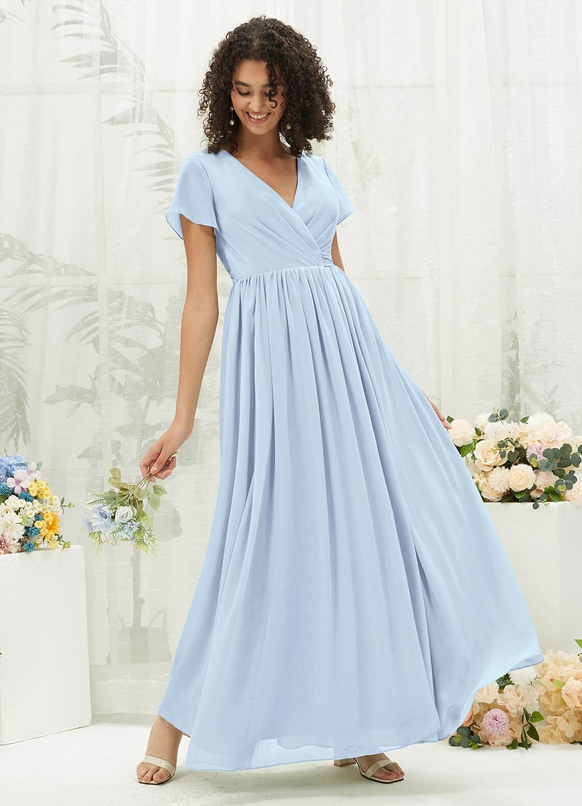 Cornflower Blue Chiffon Short Sleeve V-Neck Wrap Pleated Bridesmaid Dress - Elegant Wedding Party Attire for Bridesmaids, Formal Events & Special Occasions