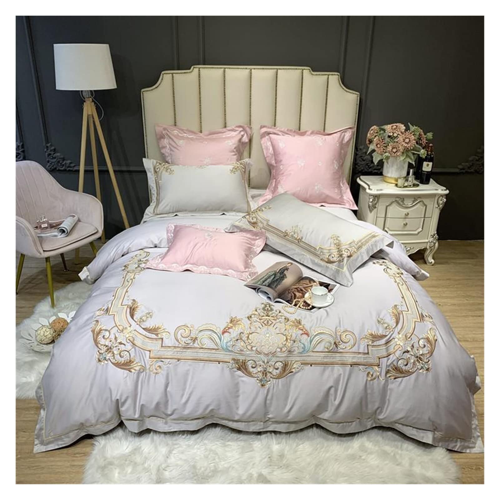 Luxury Egyptian Cotton Bed Sheet Set 4/7Pcs - Queen & King Size Duvet Cover with Embroidery & Zip Closure, Envelope Pillowcases - Soft & Breathable Bedding for Master Bedroom, Guest Room & Hotel Use