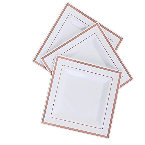 30-Pack 7-Inch White Plastic Square Plates with Rose Gold Trim - Elegant Disposable Tableware for Wedding, Party, Reception & Catering Events - Perfect for Elegant Dining & Special Occasions