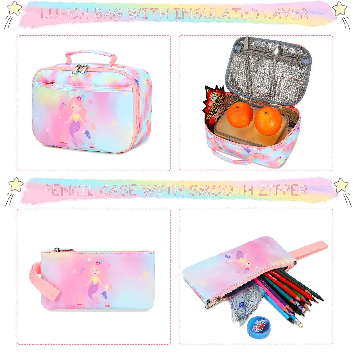 Mermaid Backpack Set for Girls with Lunch Bag & Pencil Box - Perfect for Preschool & Kindergarten