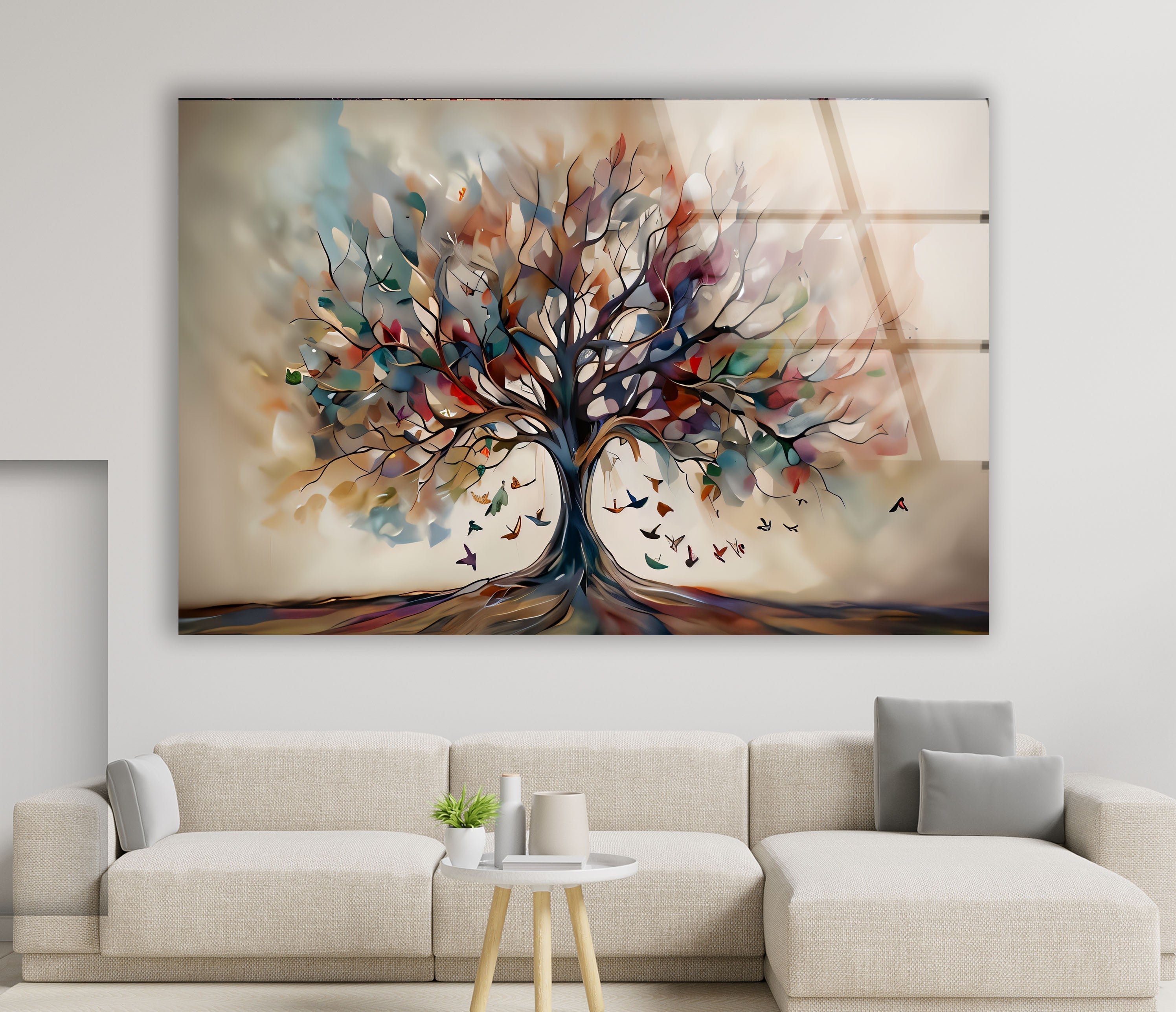 Beige Tree Glass Wall Art - Elegant Home Decor for Living Room, Bedroom & Office - Perfect for Modern & Boho Interiors