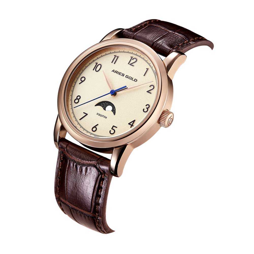 ARIES GOLD URBAN Rose Gold Stainless Steel Men's Watch with Brown Leather Strap - Model ETIENNE G 1003 RG BEI - Perfect for Business, Casual & Formal Occasions