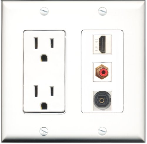RiteAV 15 Amp Power Outlet with HDMI, RCA Red & Toslink Ports - Decorative Wall Plate for Home Theater & Audio Setup