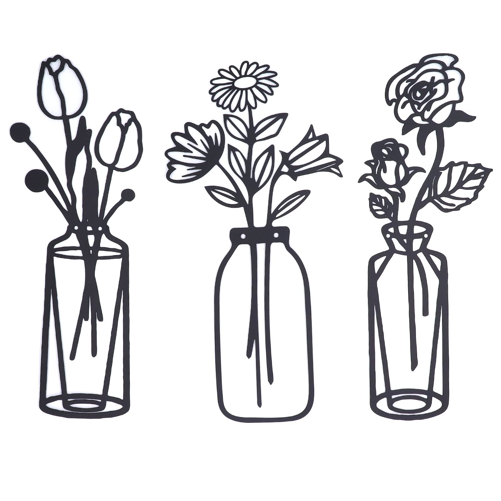 RANNYY 3Pcs Wrought Iron Flower Wall Art - Elegant Metal Vase Flowers for Rust-Resistant Indoor Decor | Perfect for Living Room, Bedroom & Office Decoration