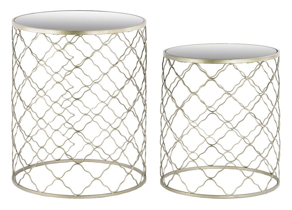 Champagne Metal Round Nesting Accent Tables with Mirror Top & Diamond Design - Set of 2 Coffee Side End Tables for Living Room, Bedroom, or Office Decor