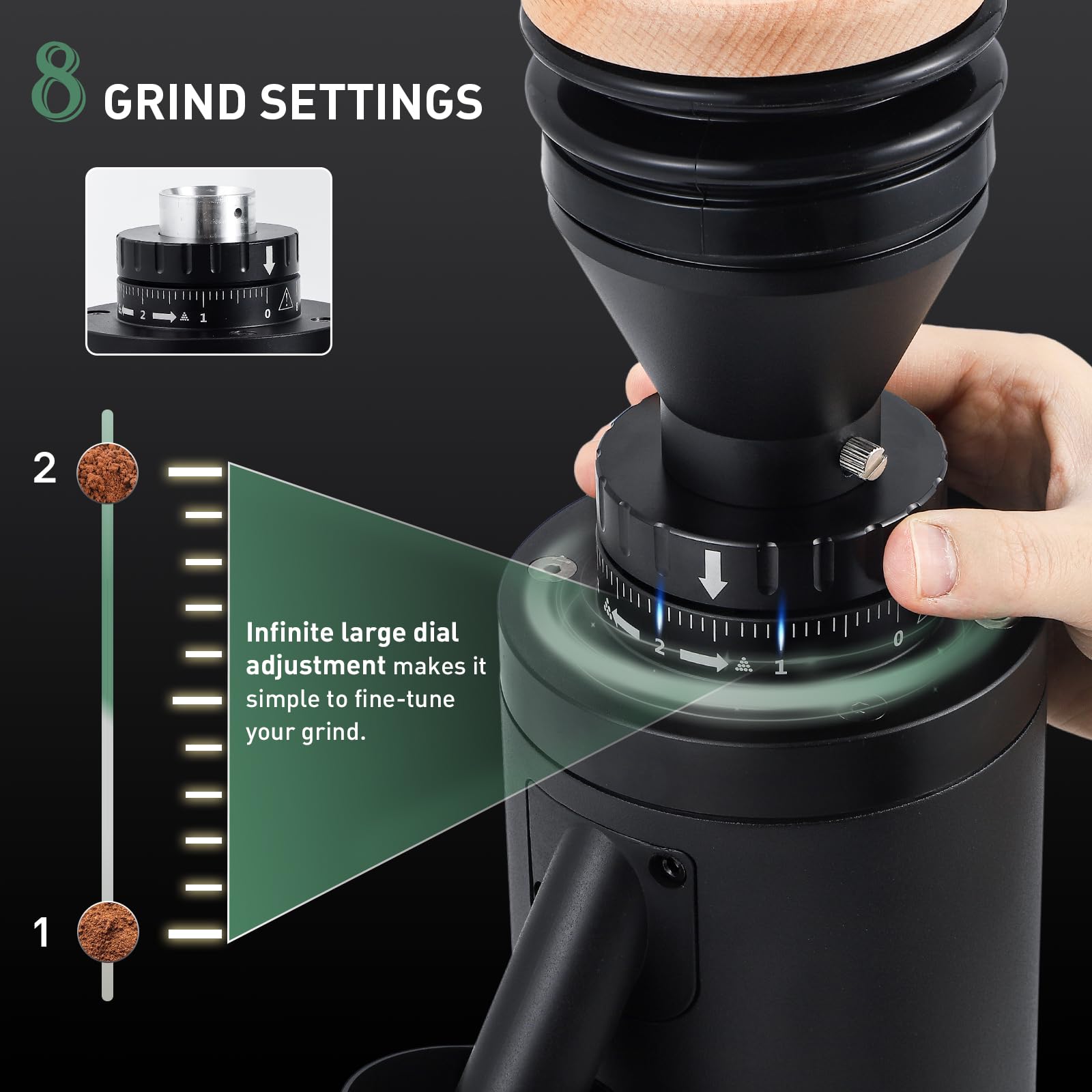 Huanyu Commercial Coffee Grinder - Variable Speed, Time-Based Dosing, Flat Burr, Knob Control, 8 Stepless Grinding Settings - Perfect for Espresso, French Press, and Pour Over Coffee Brewing