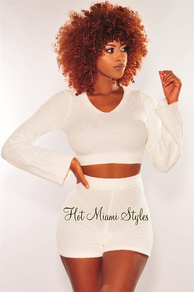 Women's White Fuzzy Bell Sleeve Biker Shorts Two Piece Outfit Set - Cozy Lounge Wear for Home, Yoga & Casual Street Style