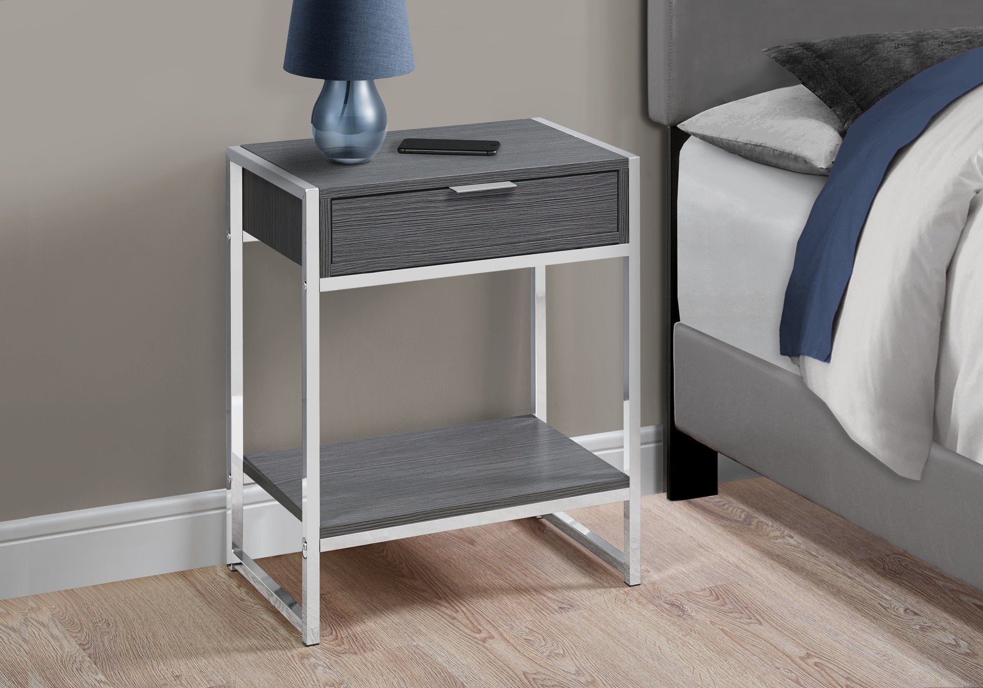 Modern Accent Table - 24 Inch Round Side Table with Chrome Metal Base & Grey Finish - Perfect for Living Room, Bedroom, or Office Decor