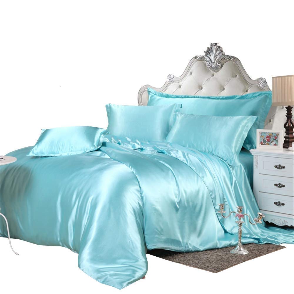 Luxury 7-Piece King Size Satin Comforter Set - 600 GSM Light Blue Duvet Insert with Fitted Sheet (18
