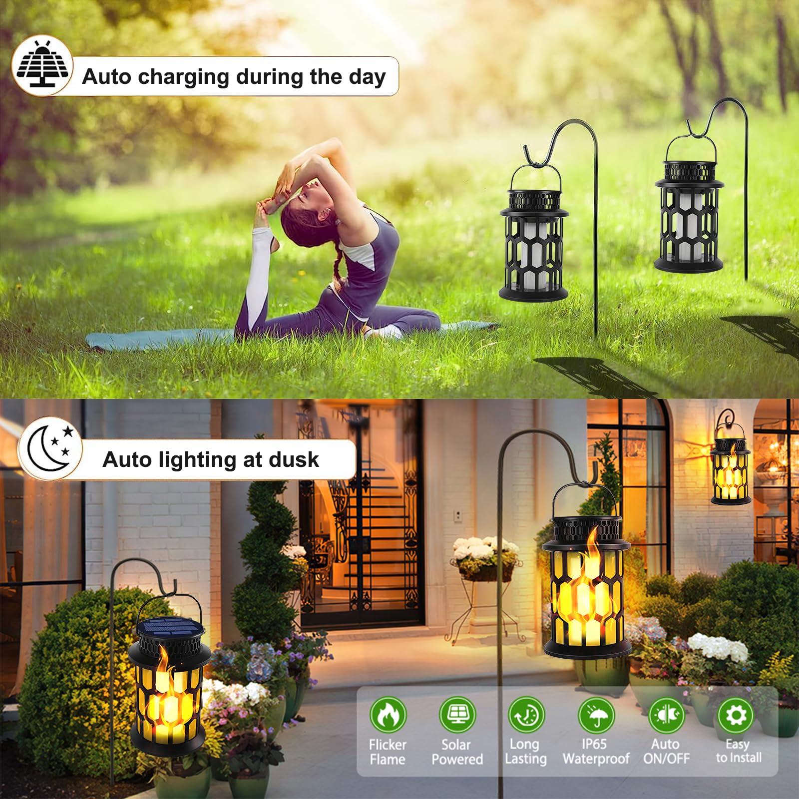 YoungPower Solar Outdoor Lantern Lights - 2 Modes (Flickering Flame & Warm White Light) - Waterproof Hanging Solar Lanterns for Garden, Patio, Yard, Christmas & Halloween Decor - Perfect for Outdoor Parties, Pathways & Backyard Ambiance (2-Pack)