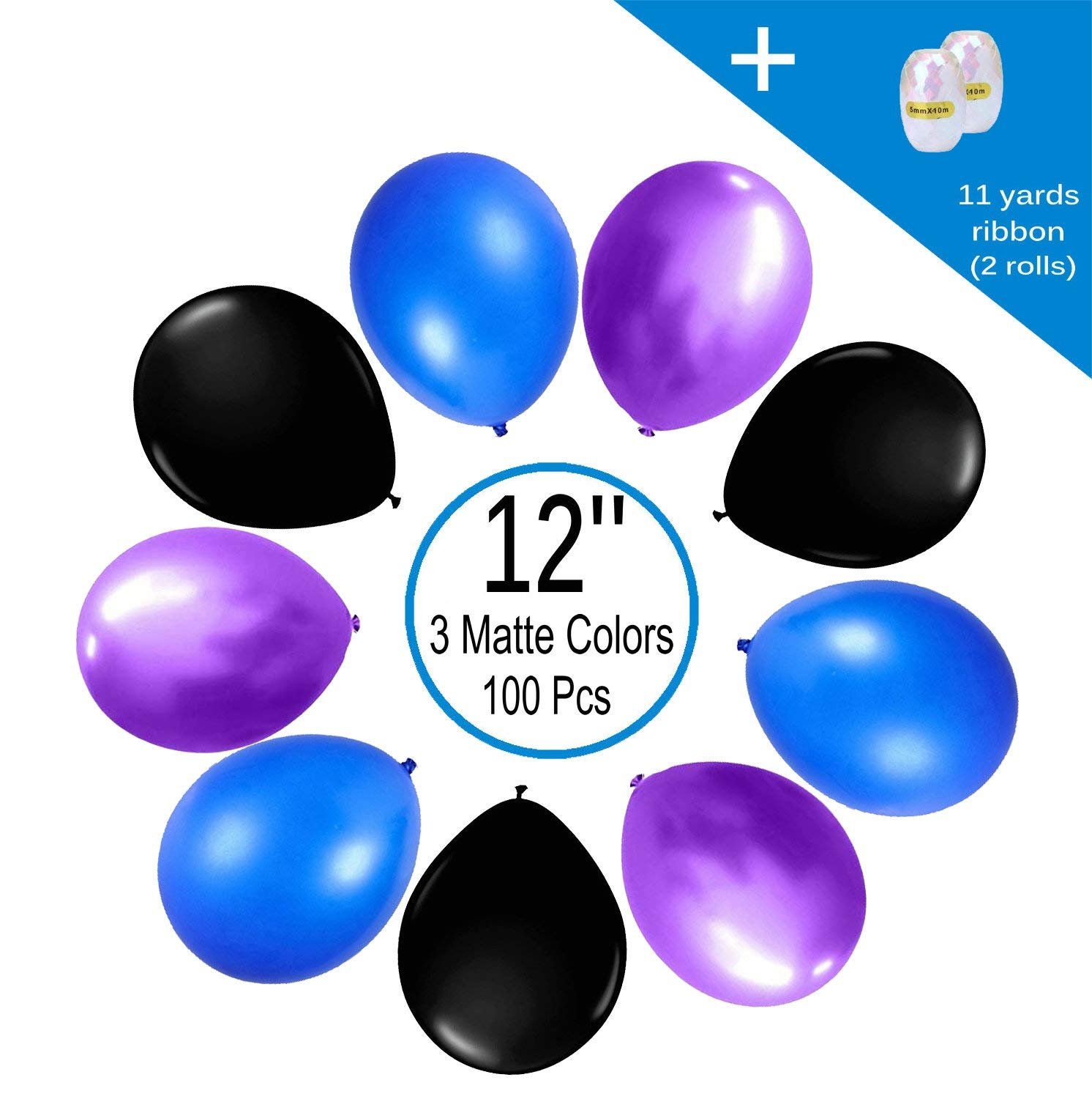 100 Pcs 12 Inch Latex Balloons - Purple, Blue & Black Party Balloons for Video Game Birthday Decorations, Baby Showers & Graduation Celebrations