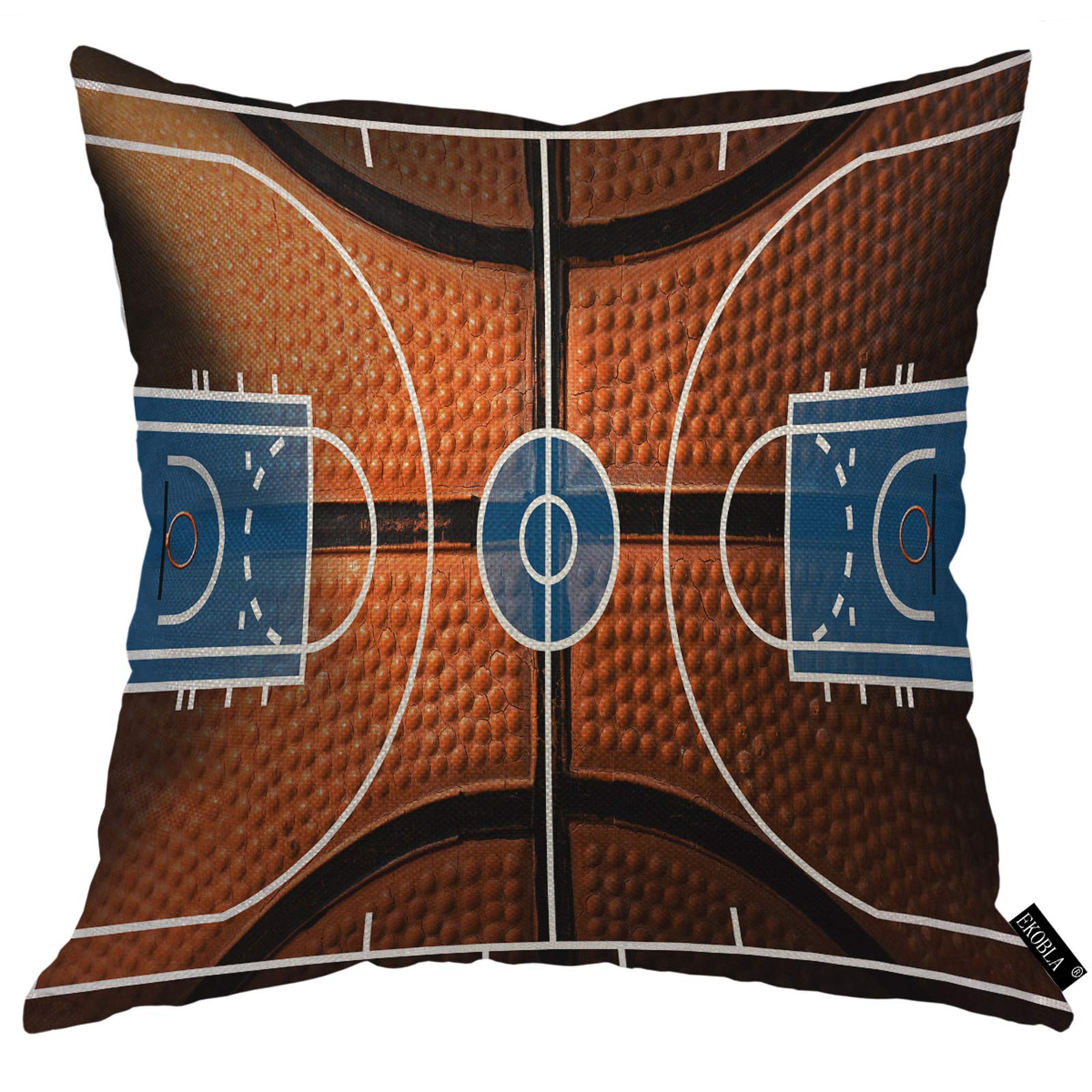 EKOBLA 18x18 Inch Basketball Court Throw Pillow Cover - 3D Classic Game Design in Black & Orange - Cotton Linen Square Cushion Case for Men, Women, Kids - Perfect for Sports Themed Bedroom, Living Room & Game Room Decor