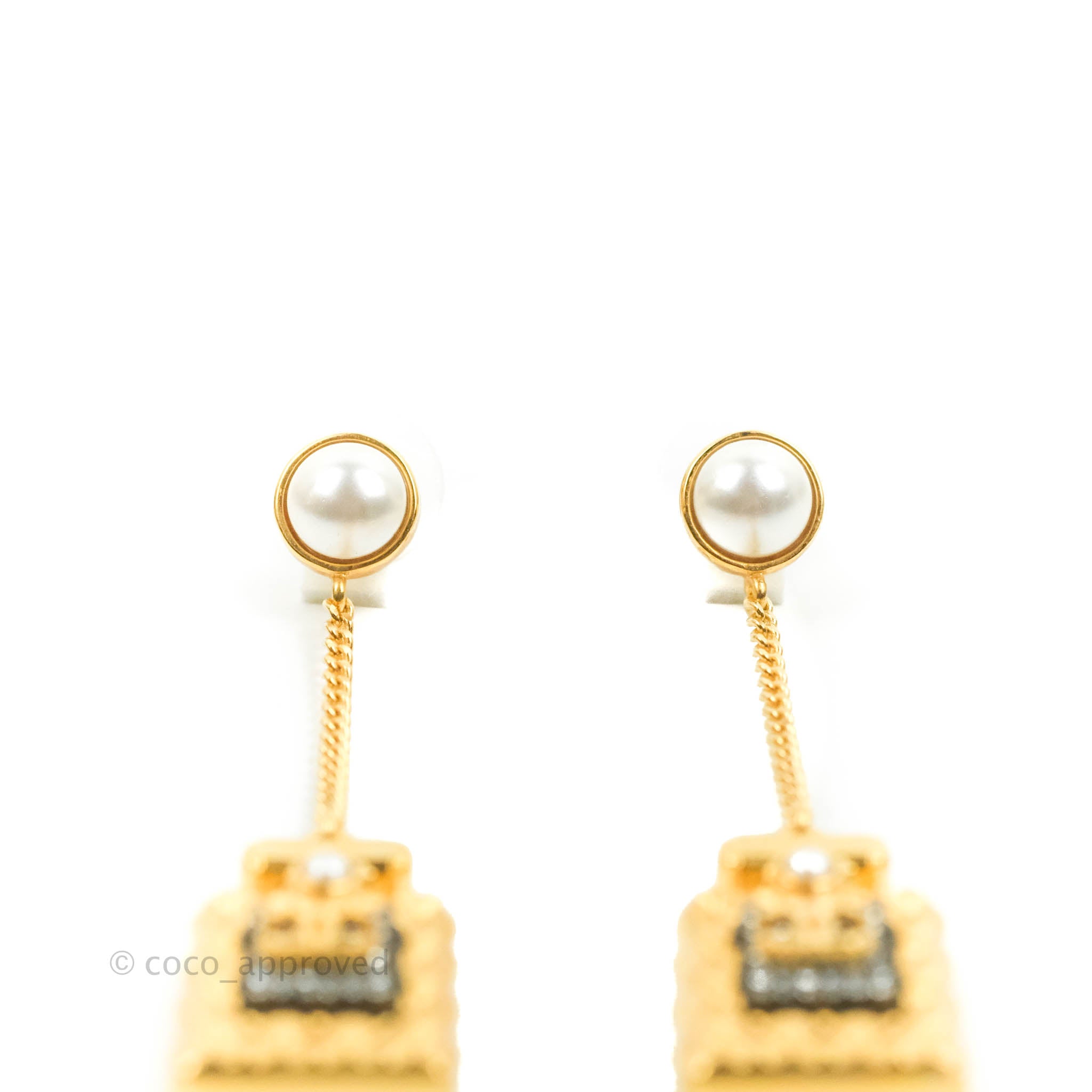 Chanel Rhinestone Pearl Drop Earrings - Gold Tone Luxury Jewelry for Women | Perfect for Parties, Weddings & Special Occasions