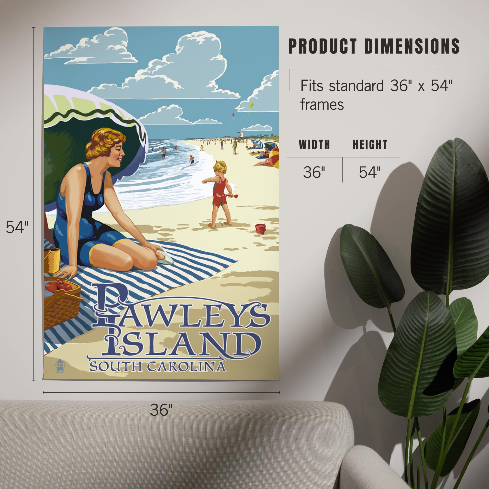 Lantern Press 36x54 Inch Giclee Art Print - Pawleys Island South Carolina Coastal Wall Decor - Woman on Beach Painting - Perfect for Living Room, Bedroom & Office Wall Art