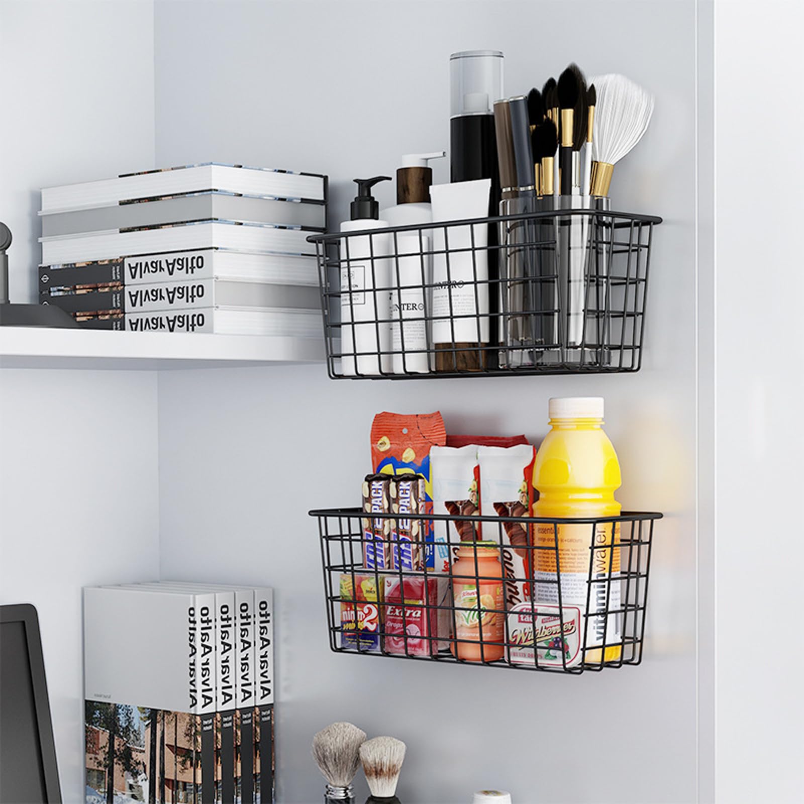 Adhesive Wall Mounted Kitchen Storage Baskets - No Drill Hanging Wire Baskets for Pantry, Bathroom & Home Organization (2 Pack, Black) - Perfect for Spice Jars, Utensils & Small Item Storage