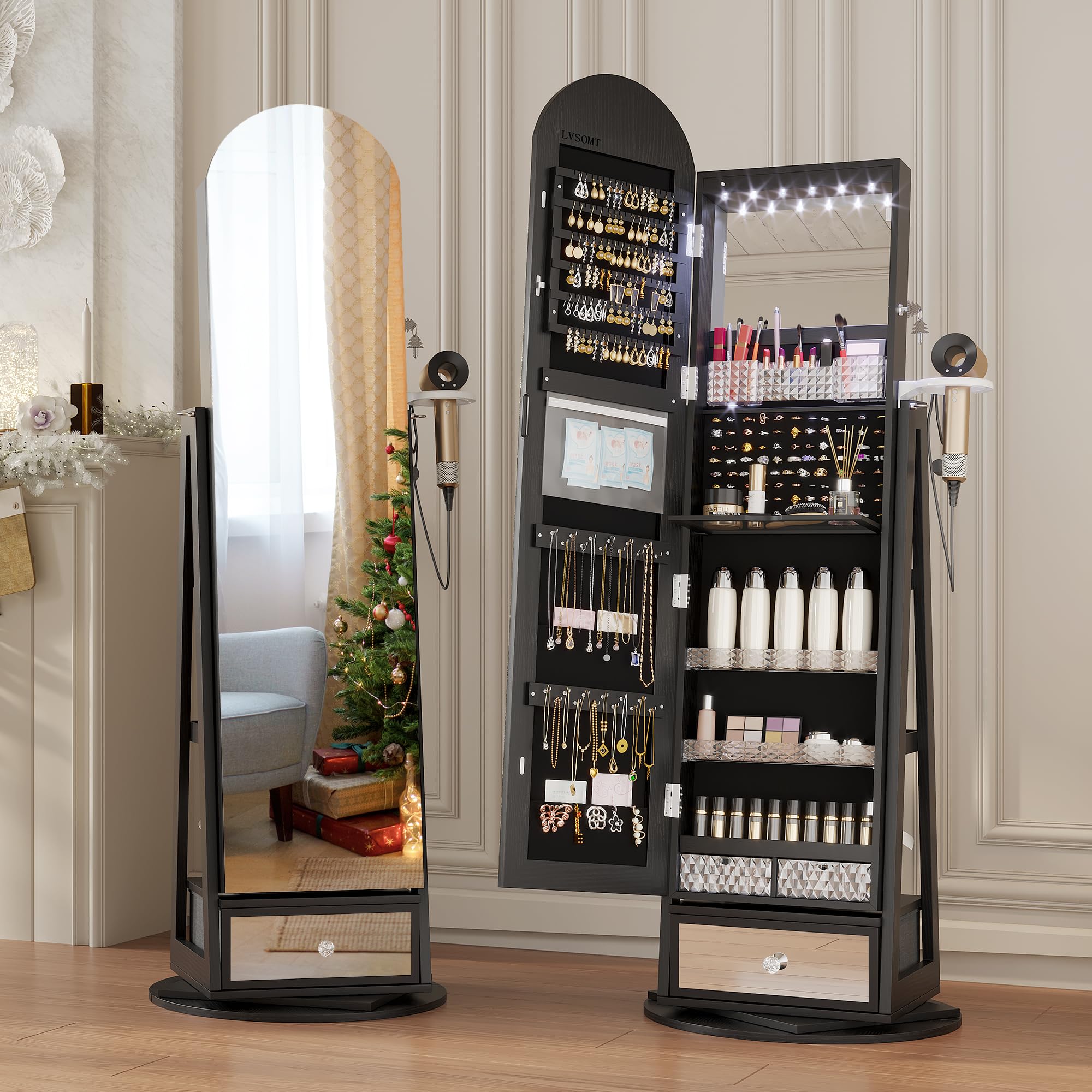 360° Swivel Arched Jewelry Mirror Cabinet with LED Lights - 64