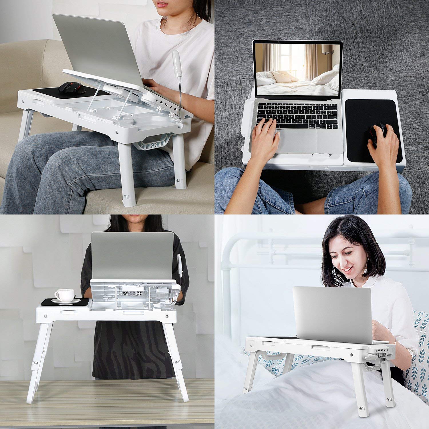 Adjustable Laptop Table for Bed with Cooling Fan - Portable Lap Desk with 4 USB Ports, Foldable Legs, LED Light & Mouse Pad - White - Perfect for Working, Studying or Watching Movies in Bed, Sofa or Couch