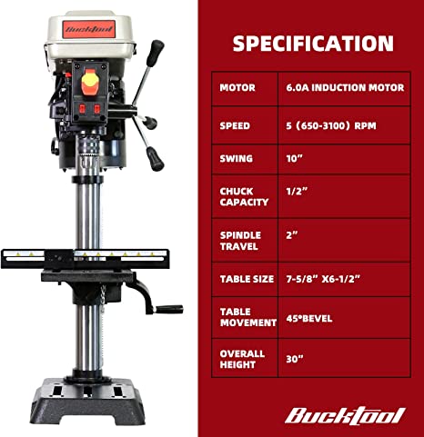 BUCKTOOL 10 Inch 6.2 Amp 3/4 HP Benchtop Drill Press - 5-Speed Adjustable Bench Drill Machine with LED Work Light for Woodworking, Metalworking & DIY Projects