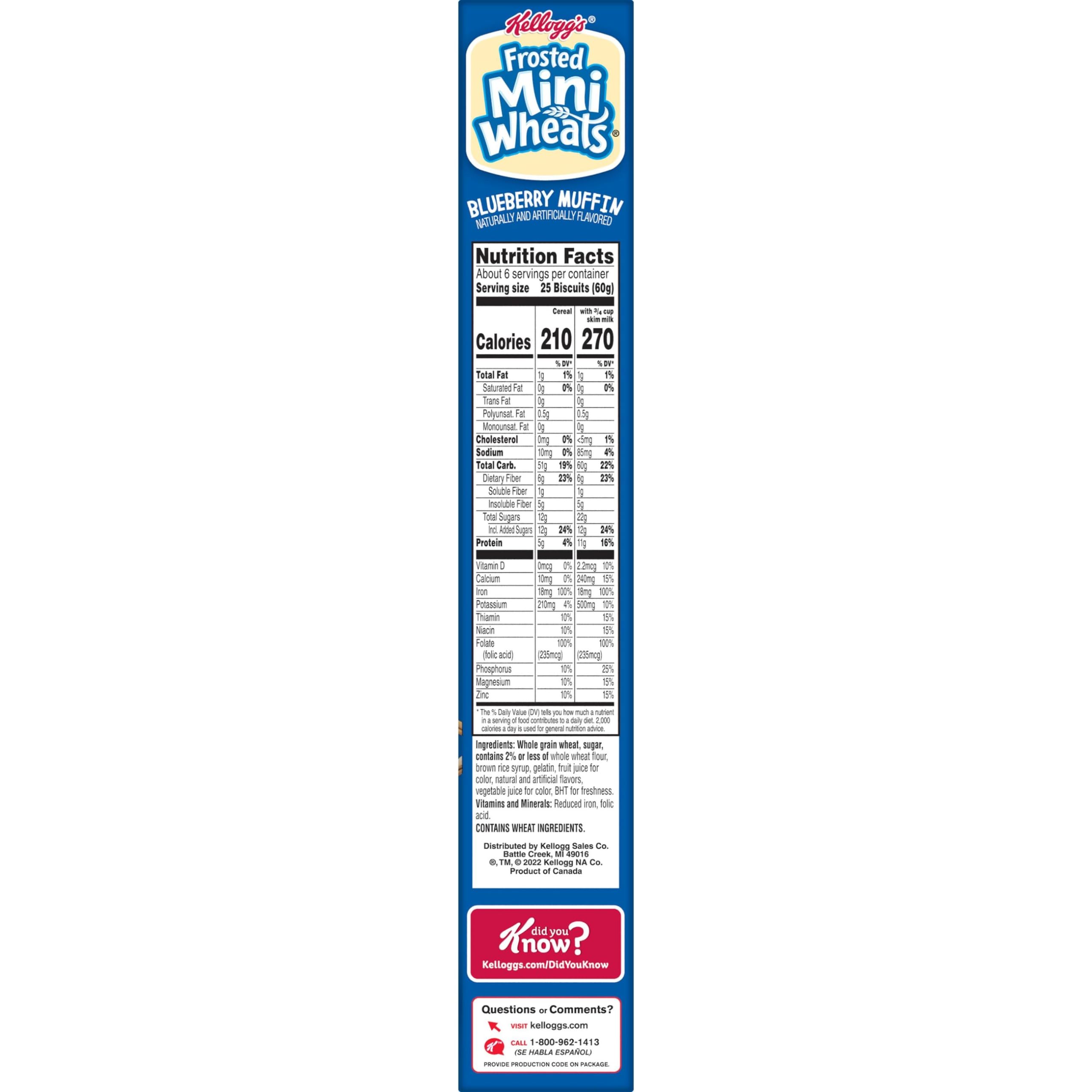 Kellogg's Frosted Mini Wheats Blueberry Muffin Breakfast Cereal - High Fiber Whole Grain Cereal for Kids & Adults - 14.3oz Box - Perfect for School Lunches, Office Snacks & Family Breakfast