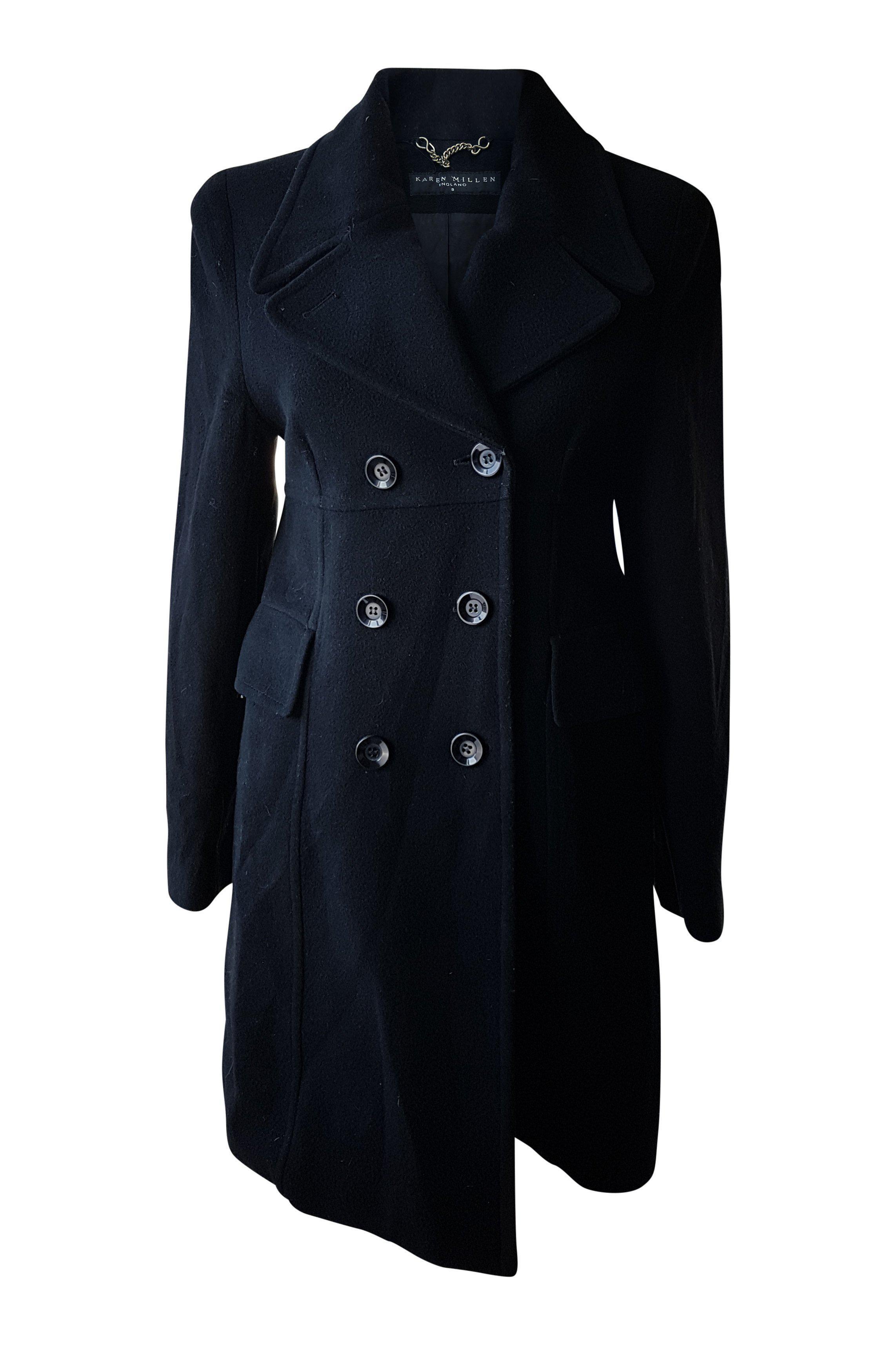 KAREN MILLEN Women's Black Wool Cashmere Blend Pea Coat (UK 8) | Warm Winter Jacket for Office, Dating & Holiday Outfits