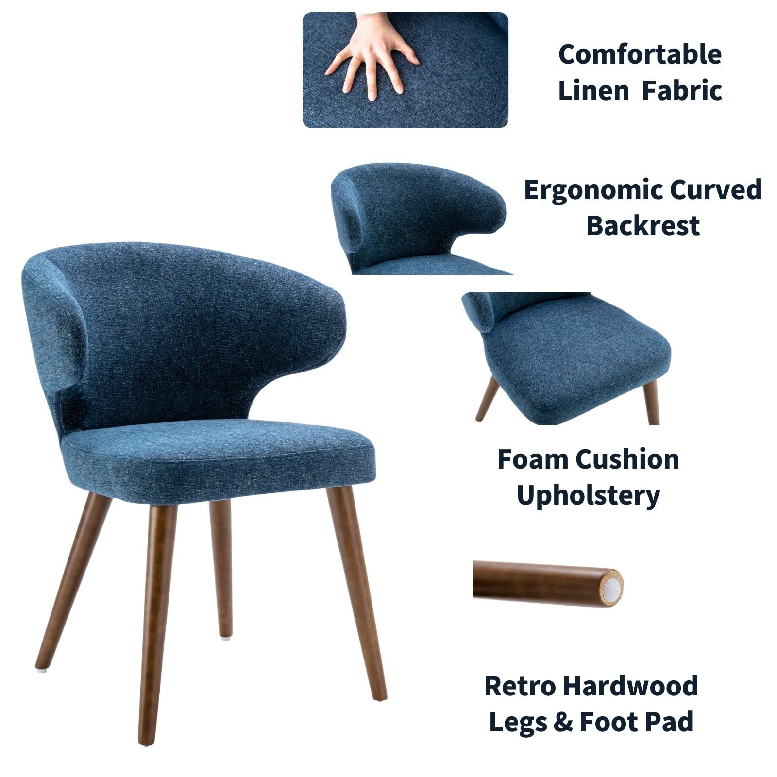 Mid Century Modern Dining Chairs Set of 2 - Upholstered Curved Wingback Accent Arm Chairs with Solid Wood Legs in Navy Blue Linen Fabric - Perfect for Dining Room, Living Room or Office Decor