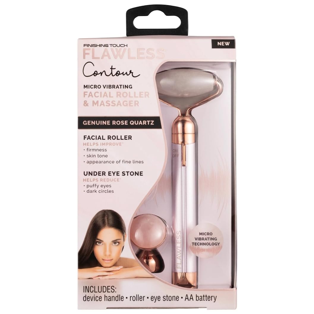 Finishing Touch Flawless Contour Vibrating Facial Roller & Massager - Rose Quartz Stone for Skin Tightening, Wrinkle Reduction & Lymphatic Drainage | Perfect for At-Home Spa, Self-Care Routine & Anti-Aging Skincare