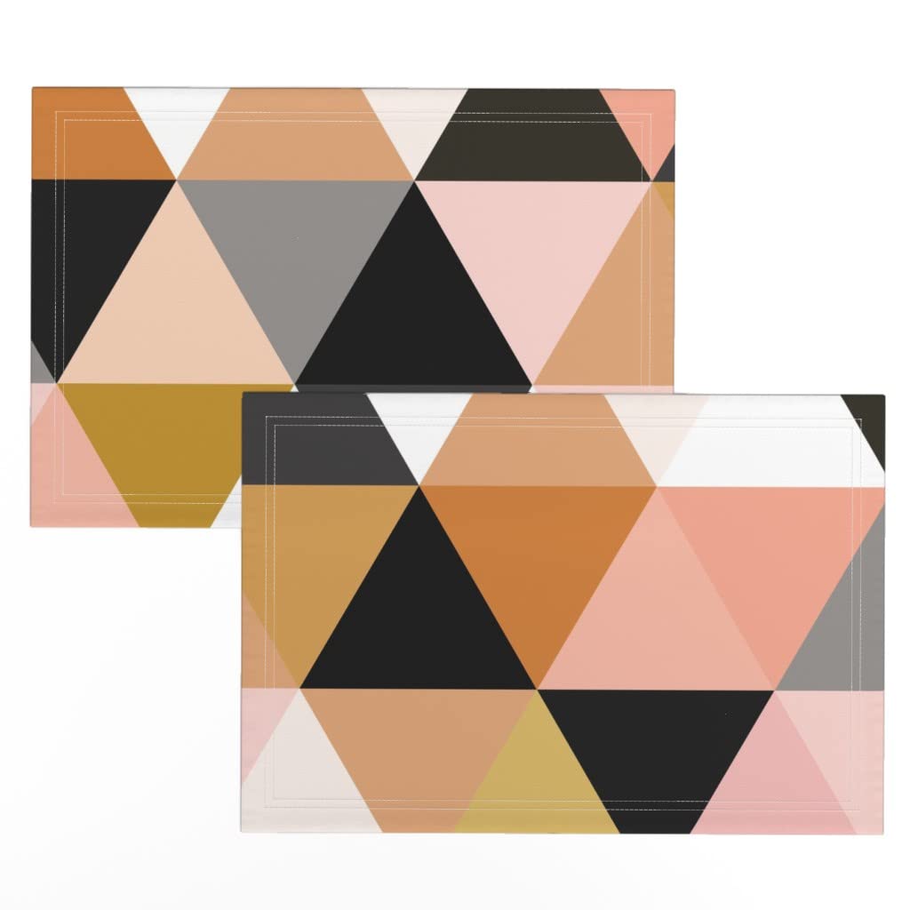 Spoonflower Linen Cotton Canvas Placemats Set of 2 - Triangle Wholecloth Cheater Quilt Design in Pink, Black & Rust | Washable Table Mats for Dining, Kitchen Decor & Party Table Setting