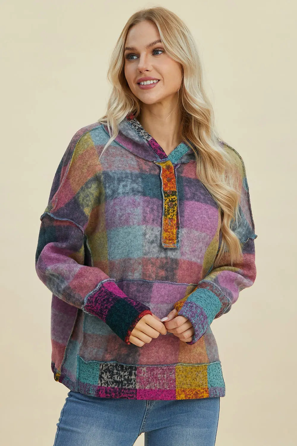 Double Take Full Size Plaid Dropped Shoulder Hoodie - Cozy Oversized Sweatshirt for Men & Women - Perfect for Casual Wear, Loungewear, and Outdoor Activities
